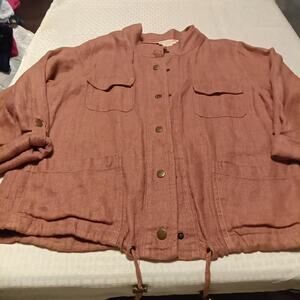 C&C California 100% Linen Short Jacket Sz M Mauve Roll Tab Sleeve Pockets Boho